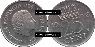 Alte Münze Niederlande in Farbe 1950-1980, 25 Cent Königin Juliana 1976, Fünfundzwanzig Cent Sammlung