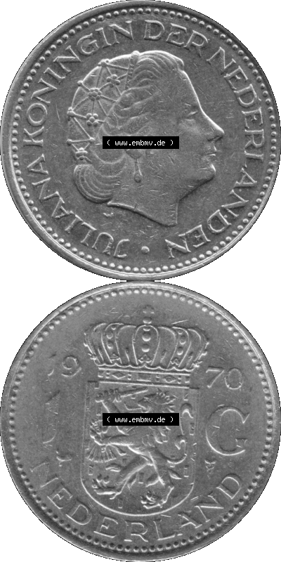 Alte Münze Niederlande in Grau 1967-1980, 1 Gulden Königin Juliana 1970, digitalen Bild in grau / Graustufen, 1 Gulden Umlaufmünze,... Sammlung