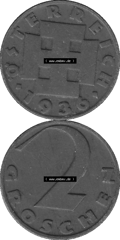 2 / Zwei Groschen Österreich in s/w Schwarzweiß bzw. Graustufen Farbgebung von Scanner transparenten PNG 1925-1938, 2 Zwei Groschen,... Sammlung