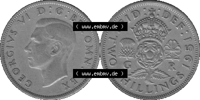 Alte Münze Großbritannien, Bild in s/w bzw. Graustufen PNG-Grafik, Umlaufmünze aus dem Zeitraum 1949-1951, 2 Schilling-Florin,... Sammlung