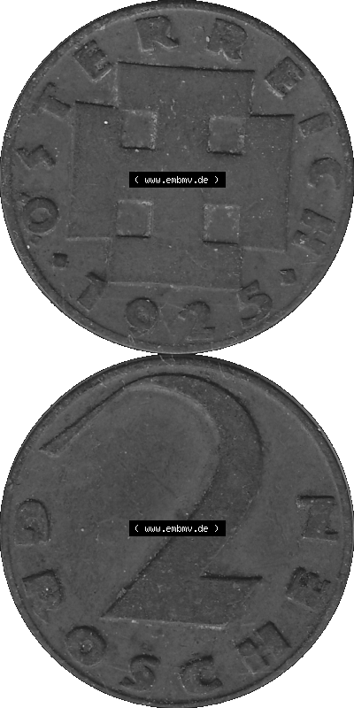 2 / Zwei Groschen Österreich in s/w Schwarzweiß bzw. Graustufen Farbgebung von Scanner transparenten PNG 1925-1938, 2 Zwei Groschen,... Sammlung