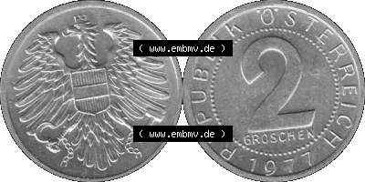 Alte Münze aus Österreich als PNG-Grafik 1950-1994, 2 Groschen 1977 (Stück 1) Graustufen Sammlung