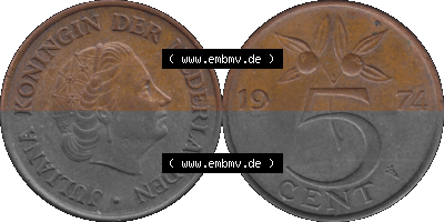 Alte Münze Niederlande in Farbe 1950-1980, 5 Cent Königin Juliana 1974, Nederland Sammlung