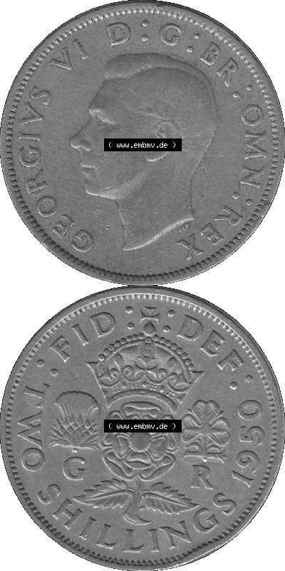 Alte Münze Großbritannien, Bild in s/w bzw. Graustufen PNG-Grafik, Umlaufmünze aus dem Zeitraum 1949-1951, 2 Schilling-Florin,... Sammlung