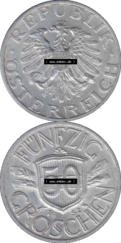 Alte Münze aus Österreich als PNG-Grafik 1946-1955, 50 Groschen 1952 (Stück 1) Sammlung