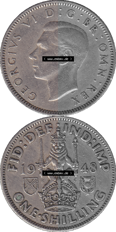 Alte Münze Großbritannien, Bild in Farbe bzw. Color PNG-Grafik 1947-1948, 1 One Schilling - One Shilling, 1948 (Stück 2) Sitzender... Sammlung