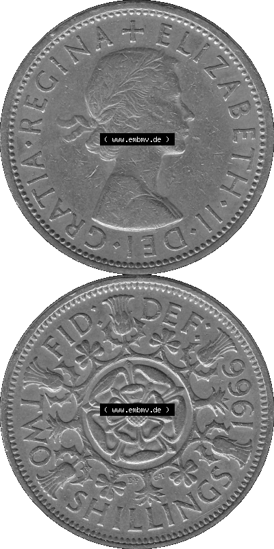 Alte Münze Großbritannien, Bild in s/w bzw. Graustufen PNG-Grafik, Umlaufmünze aus dem Zeitraum 1954-1970, 2 Schilling-Florin,... Sammlung