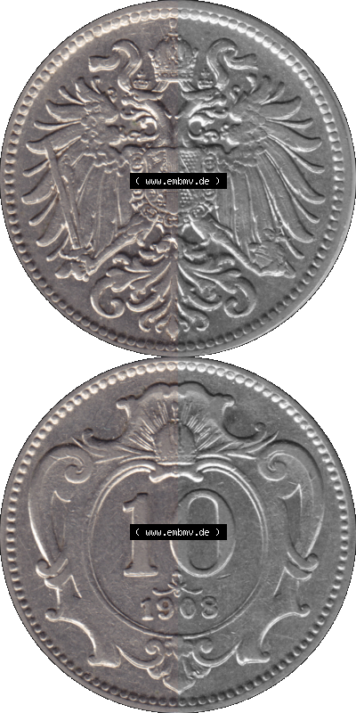 Alte Münze aus Kaiserreich Österreich als PNG-Grafik 1892-1911, 10 Heller 1908 (Stück 1) Sammlung