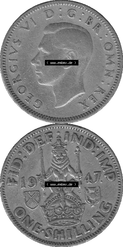 Alte Münze Großbritannien, Bild in s/w bzw. Graustufen PNG-Grafik 1947-1948, 1 One Schilling - One Shilling, 1947 (Stück 2)... Sammlung