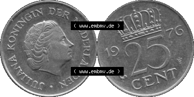 Alte Münze Niederlande in Grau 1950-1980, 25 Cent Königin Juliana 1976 (Stück 1) Graustufen, Fünfundzwanzig Cent Sammlung