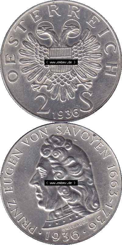 Österreich 1936-1936, 2 Schilling 1936 (Stück 1) Silbermünze Prinz von Savoyen 1663-1736, 12 Gramm 640er Silber Sammlung