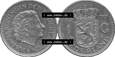 Alte Münze Niederlande in Grau 1967-1980, 1 Gulden Königin Juliana 1977, niederländisch Nederland Sammlung