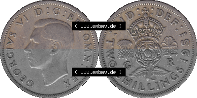 Alte Münze Großbritannien, Bild in Farbe bzw. Color PNG-Grafik, Umlaufmünze aus dem Zeitraum 1949-1951, 2 Schilling-Florin,... Sammlung
