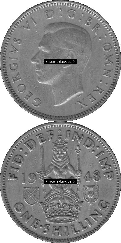 Alte Münze Großbritannien, Bild in s/w bzw. Graustufen PNG-Grafik 1947-1948, 1 One Schilling - One Shilling, 1948 (Stück 1)... Sammlung