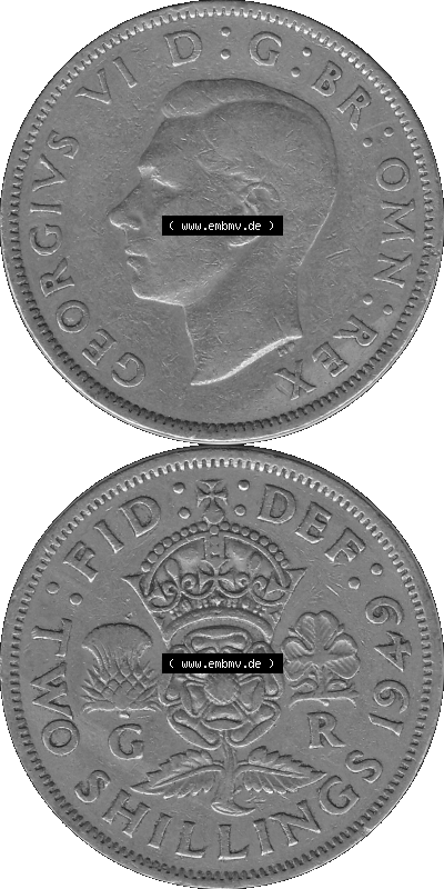 Alte Münze Großbritannien, Bild in s/w bzw. Graustufen PNG-Grafik, Umlaufmünze aus dem Zeitraum 1949-1951, 2 Schilling-Florin,... Sammlung