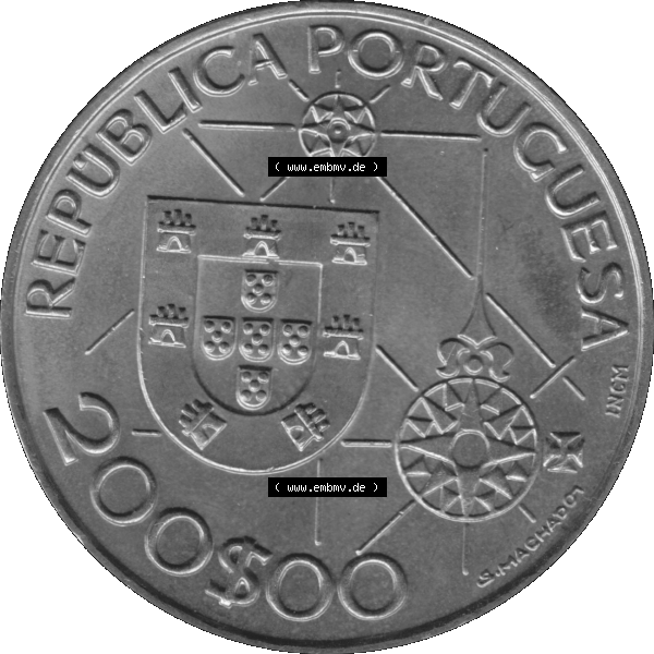 Grau bzw. s/w Alte Gedenkmünze aus Portugal als PNG-Grafik 1992, 200 Escudos, America 1492, Novomundo, Xpo Perens. Vorderseite der 200 Escudo Gedenkmünze aus Portugal vor Einführung... Sammlung Graustufen