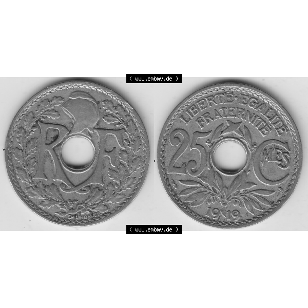 Grau bzw. s/w Münze Frankreich Umlaufmünzen Sammlung in PNG 1917-1937, 25 Cmes, Centimes 1919-1 LIBERTE EGALITE FRATERNITE (3) - Digitales Münzen-Bildmaterial einer französischen... Sammlung Graustufen