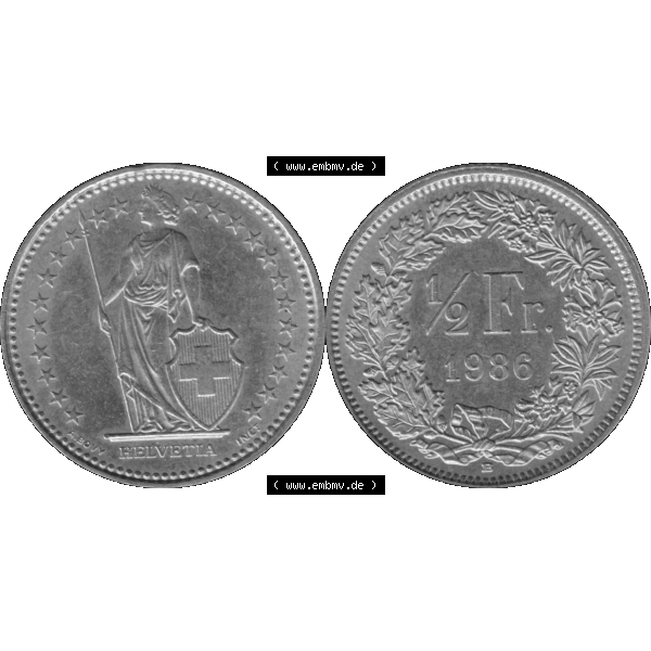 Grau bzw. s/w Alte Münze Schweiz in original Farbgebung vom Scanner transparenten PNG 1983-Heute, 1/2 (halber) Franken B 1986-01. Vorderseite und Rückseite der Münze aus der... Sammlung Graustufen