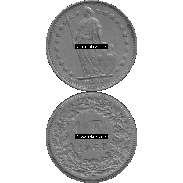 Grau bzw. s/w Alte Münze Schweiz in original Farbgebung vom Scanner transparenten PNG 1968-1982, 1 Franken B 1968-04. Vorderseite und Rückseite der Münze Umlaufmünze / Kursmünze... Sammlung Graustufen