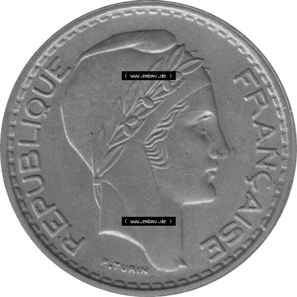 Grau bzw. s/w Münze Frankreich Umlaufmünzen Sammlung in PNG 1947-1949, 10 Francs, Franken 1948-01 (6) - Digitales Münzen-Bildmaterial einer französischen Francs Münze aus... Sammlung Graustufen