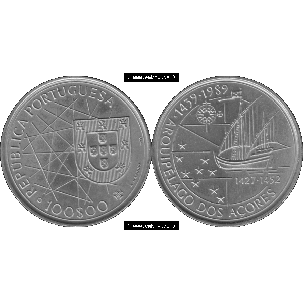 Grau bzw. s/w Alte Gedenkmünze aus Portugal als PNG-Grafik 1989, 100 Escudos, Arouipelago Dos Acores, 1439-1989. Vorderseite und Rückseite auf einen Bild/Foto der portugiesischen... Sammlung Graustufen