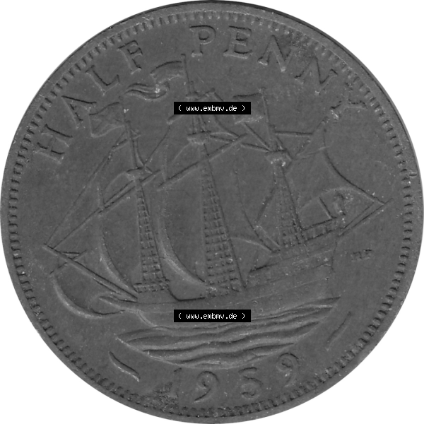 Grau bzw. s/w Münzen Großbritannien Umlaufmünzen Sammlung in PNG 1954-1970, Half Penny, Halber Pence 1959-01, Elisabeth II. (6) - Digitales Münzen-Bildmaterial... Sammlung Graustufen
