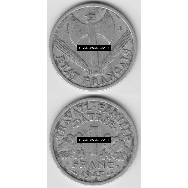 Grau bzw. s/w Münze Frankreich Umlaufmünzen Sammlung in PNG 1942-1944, 1 Franken - Francs 1943-1 (4) - Digitales Münzen-Bildmaterial einer französischen Francs Münze aus Frankreich... Sammlung Graustufen