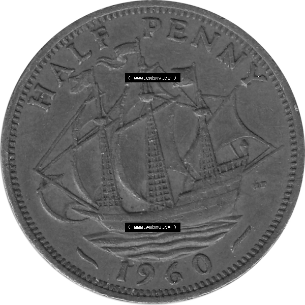 Grau bzw. s/w Münzen Großbritannien Umlaufmünzen Sammlung in PNG 1954-1970, Half Penny, Halber Pence 1960-01, Elisabeth II. (6) - Digitales Münzen-Bildmaterial... Sammlung Graustufen