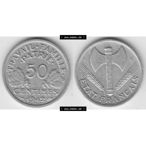 Grau bzw. s/w Münze Frankreich Umlaufmünzen Sammlung in PNG 1942-1944, 50 Centimes, Cent 1942 (3) - Digitales Münzen-Bildmaterial einer französischen Francs Münze aus Frankreich... Sammlung Graustufen