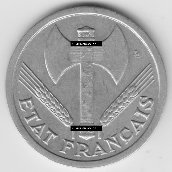 Grau bzw. s/w Münze Frankreich Umlaufmünzen Sammlung in PNG 1943-1944, 2 Francs, Franken 1943 (2) - Digitales Münzen-Bildmaterial einer französischen Francs Münze aus Frankreich... Sammlung Graustufen