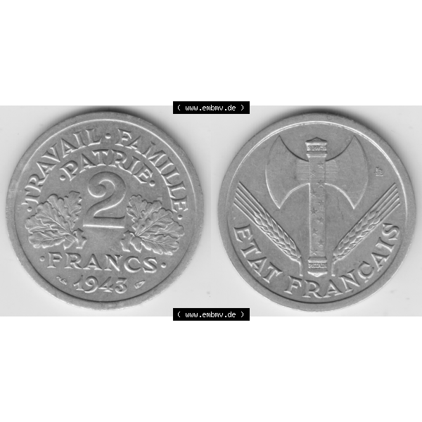 Grau bzw. s/w Münze Frankreich Umlaufmünzen Sammlung in PNG 1943-1944, 2 Francs, Franken 1943 (3) - Digitales Münzen-Bildmaterial einer französischen Francs Münze aus Frankreich... Sammlung Graustufen