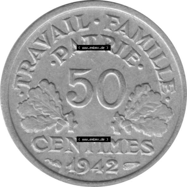 Grau bzw. s/w Münze Frankreich Umlaufmünzen Sammlung in PNG 1942-1944, 50 Centimes, Cent 1942-01 (5) - Digitales Münzen-Bildmaterial einer französischen Francs Münze aus... Sammlung Graustufen