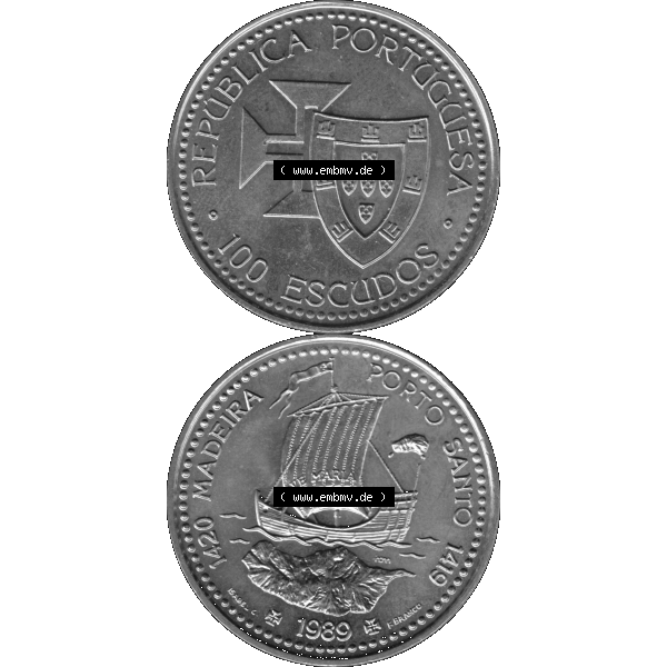 Grau bzw. s/w Alte Gedenkmünze aus Portugal als PNG-Grafik 1989, 100 Escudos, 1420 Madeira Porto Santo 1419. Vorderseite und Rückseite vertikal - untereinander auf einen Bild/Foto zusammengefügt... Sammlung Graustufen