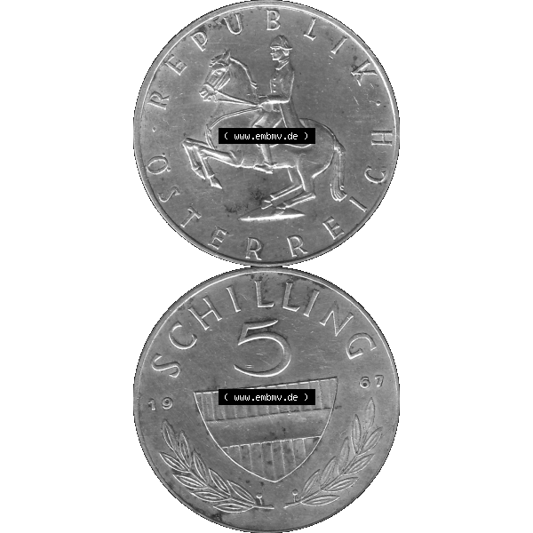 Grau bzw. s/w Alte Münze 5 / Fünf Schilling Österreich in original Farbgebung von Scanner transparenten PNG 1960-1968, 5 Fünf Schilling 1967-01, 5,20 Gramm 640er Silber,... Sammlung Graustufen