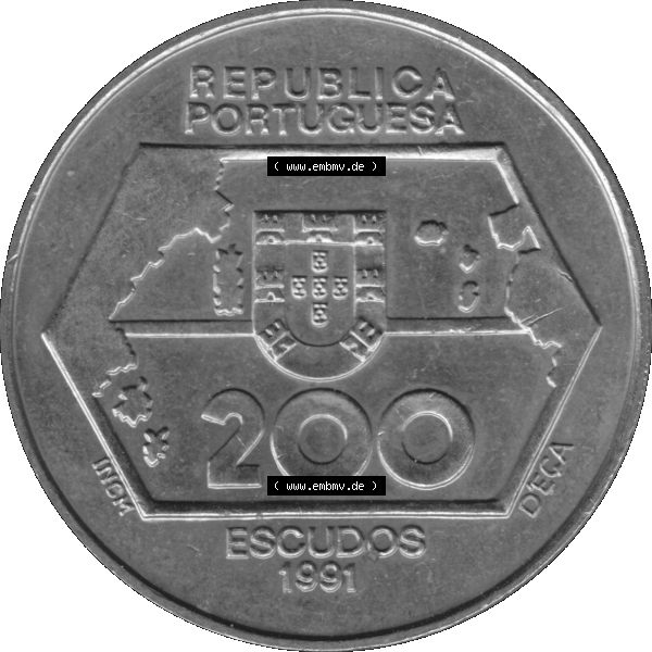Grau bzw. s/w Alte Gedenkmünze aus Portugal als PNG-Grafik 1992, 200 Escudos, Navegagoes Para Ocidente 1452-1486. Vorderseite der 200 Escudo Gedenkmünze aus Portugal vor Einführung... Sammlung Graustufen