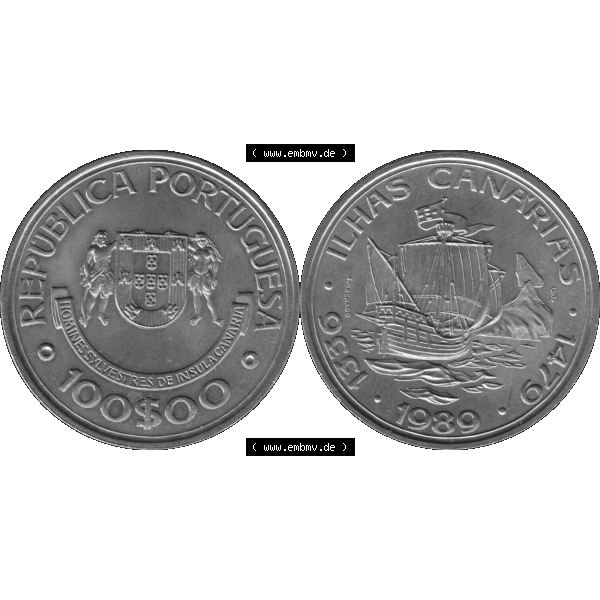Grau bzw. s/w Alte Gedenkmünze aus Portugal als PNG-Grafik 1989, 100 Escudos, Ilhas Canarias. Vorderseite und Rückseite auf einen Bild/Foto der portugiesischen Gedenkmünze aus Portugal... Sammlung Graustufen