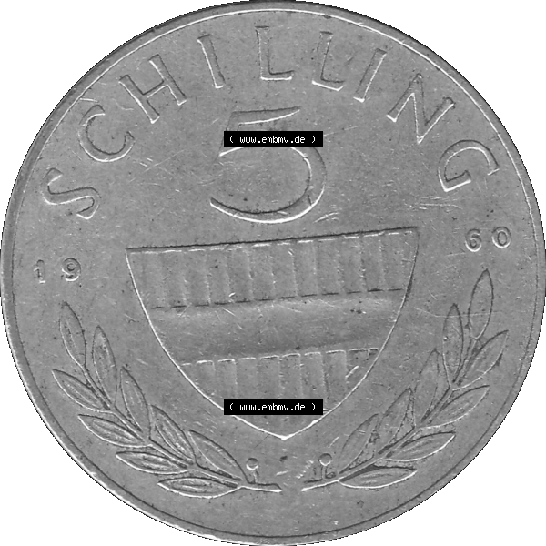 Grau bzw. s/w Alte Münze 5 / Fünf Schilling Österreich in original Farbgebung von Scanner transparenten PNG 1960-1968, 5 Fünf Schilling 1960-01, 5,20 Gramm 640er Silber,... Sammlung Graustufen