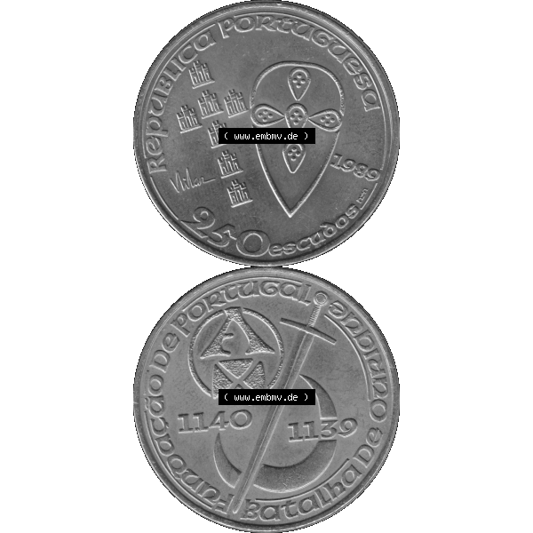 Grau bzw. s/w Alte Gedenkmünze aus Portugal als PNG-Grafik 1989, 250 Escudos, Batalha de Ourique, Schlacht von Ourique. Vorderseite und Rückseite vertikal - untereinander auf einen... Sammlung Graustufen