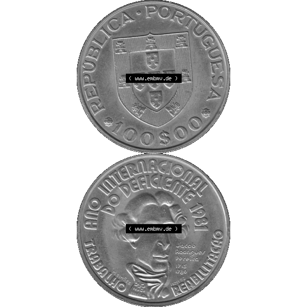 Grau bzw. s/w Alte Gedenkmünze aus Portugal als PNG-Grafik 1982, 100 Escudos, Ano Internacional, do Deficiente. Vorderseite und Rückseite vertikal - untereinander auf einen Bild/Foto... Sammlung Graustufen