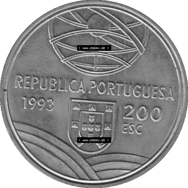 Grau bzw. s/w Alte Gedenkmünze aus Portugal als PNG-Grafik 1993, 200 Escudos, Espingarda 1543-1575. Vorderseite der 200 Escudo Gedenkmünze aus Portugal vor Einführung der Euromünzen... Sammlung Graustufen