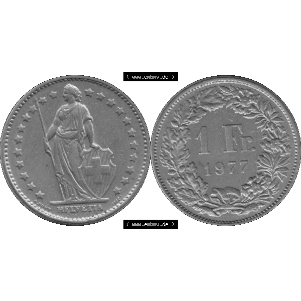 Grau bzw. s/w Alte Münze Schweiz in original Farbgebung vom Scanner transparenten PNG 1968-1982, 1 Franken B 1977-01 (09) Sammlung Graustufen
