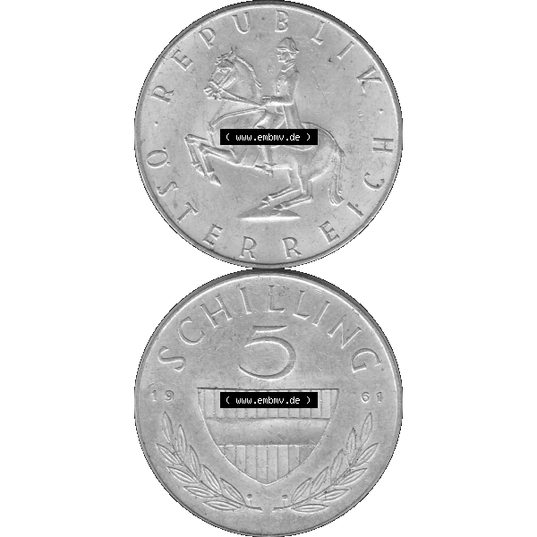 Grau bzw. s/w Alte Münze 5 / Fünf Schilling Österreich in original Farbgebung von Scanner transparenten PNG 1960-1968, 5 Fünf Schilling 1961-01, 5,20 Gramm 640er Silber,... Sammlung Graustufen