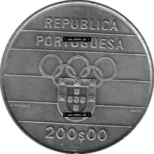 Grau bzw. s/w Alte Gedenkmünze aus Portugal als PNG-Grafik 1992, 200 Escudos, XXV Jogos Olimpicos. Vorderseite der 200 Escudo Gedenkmünze aus Portugal vor Einführung der Euromünzen... Sammlung Graustufen