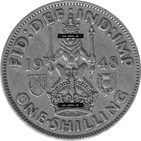 Grau bzw. s/w Münzen Großbritannien Umlaufmünzen Sammlung in PNG 1947-1948, 1 One Schilling - One Shilling, 1948-02 Sitzender gekrönter Löwe auf Krone (6) - Digitales... Sammlung Graustufen