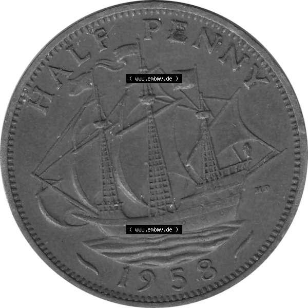 Grau bzw. s/w Münzen Großbritannien Umlaufmünzen Sammlung in PNG 1954-1970, Half Penny, Halber Pence 1958-01, Elisabeth II. (6) - Digitales Münzen-Bildmaterial... Sammlung Graustufen