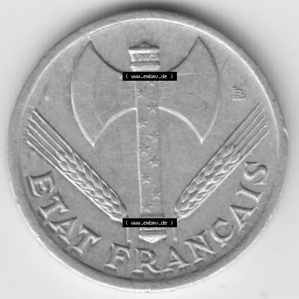 Grau bzw. s/w Münze Frankreich Umlaufmünzen Sammlung in PNG 1942-1944, 50 Centimes, Cent 1942 (2) - Digitales Münzen-Bildmaterial einer französischen Francs Münze aus Frankreich... Sammlung Graustufen