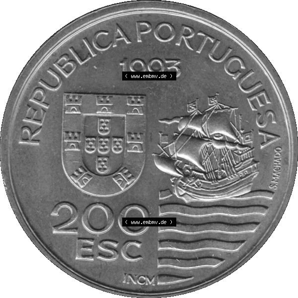 Grau bzw. s/w Alte Gedenkmünze aus Portugal als PNG-Grafik 1993, 200 Escudos, Enviados Daimios Kiushu. Vorderseite der 200 Escudo Gedenkmünze aus Portugal vor Einführung der Euromünzen... Sammlung Graustufen