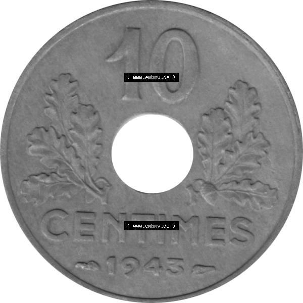 Grau bzw. s/w Münze Frankreich Umlaufmünzen Sammlung in PNG 1941-1943, 10 Centimes, Etat Francais 1943-01 (5) - Digitales Münzen-Bildmaterial einer französischen Francs Münze... Sammlung Graustufen