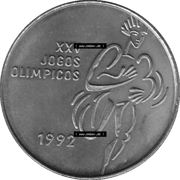 Grau bzw. s/w Alte Gedenkmünze aus Portugal als PNG-Grafik 1992, 200 Escudos, XXV Jogos Olimpicos. Rückseite der portugiesischen 200 Escudos Gedenkmünze aus Portugal vor der Euro-Einführung... Sammlung Graustufen