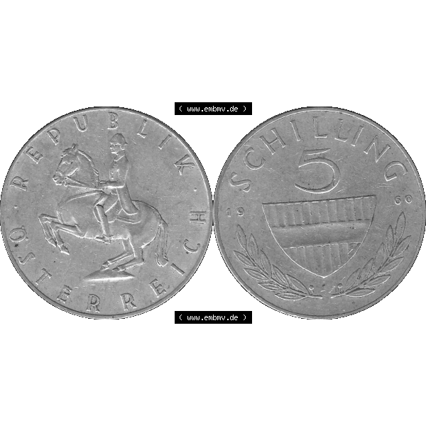 Grau bzw. s/w Alte Münze 5 / Fünf Schilling Österreich in original Farbgebung von Scanner transparenten PNG 1960-1968, 5 Fünf Schilling 1960-01, 5,20 Gramm 640er Silber,... Sammlung Graustufen